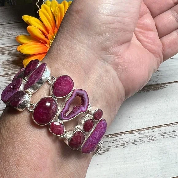 Solar Agate & Ruby Bracelet Handmade Stone Gemstone 925 Silver Large Ethnic New